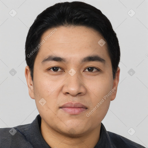 Neutral asian young-adult male with short  black hair and brown eyes