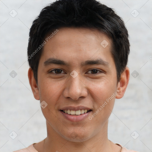 Joyful white young-adult male with short  black hair and brown eyes