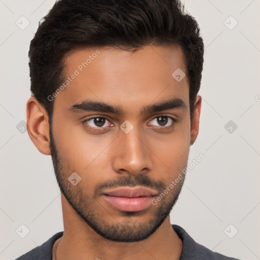 Neutral latino young-adult male with short  black hair and brown eyes