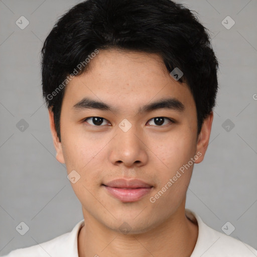 Neutral asian young-adult male with short  black hair and brown eyes