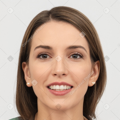 Joyful white young-adult female with long  brown hair and grey eyes