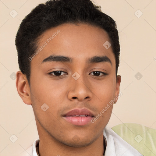 Neutral latino young-adult male with short  brown hair and brown eyes