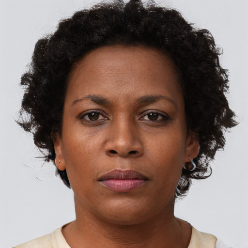 Neutral black young-adult female with short  brown hair and brown eyes