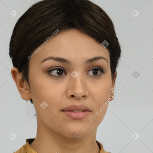 Joyful asian young-adult female with short  brown hair and brown eyes