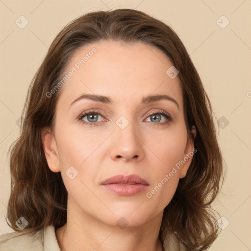 Neutral white young-adult female with medium  brown hair and brown eyes