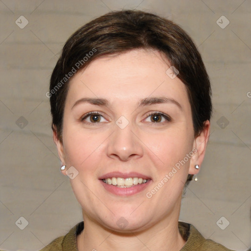 Joyful white adult female with short  brown hair and brown eyes