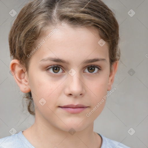 Joyful white child female with medium  brown hair and brown eyes