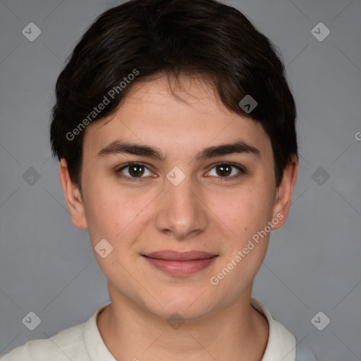 Joyful white young-adult female with short  brown hair and brown eyes