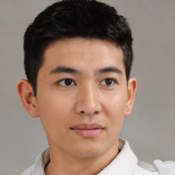 Neutral asian young-adult male with short  black hair and brown eyes