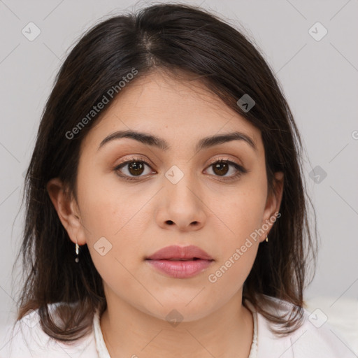 Neutral white young-adult female with medium  brown hair and brown eyes