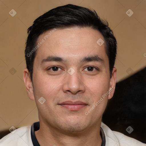 Joyful white young-adult male with short  black hair and brown eyes