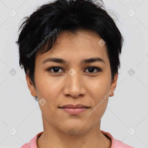 Joyful latino young-adult female with short  black hair and brown eyes