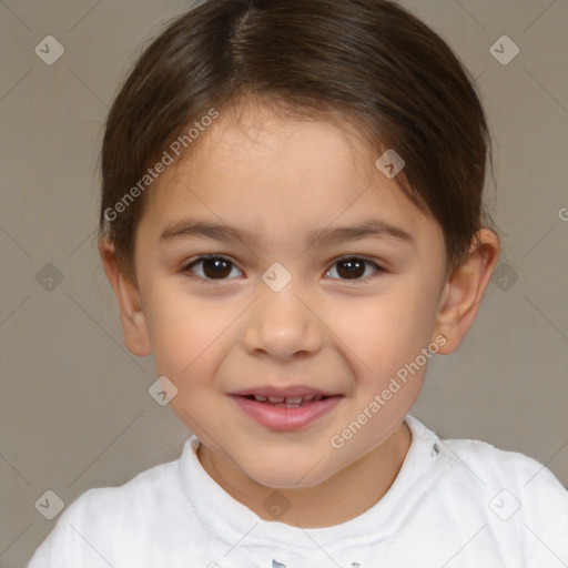 Joyful white child female with short  brown hair and brown eyes