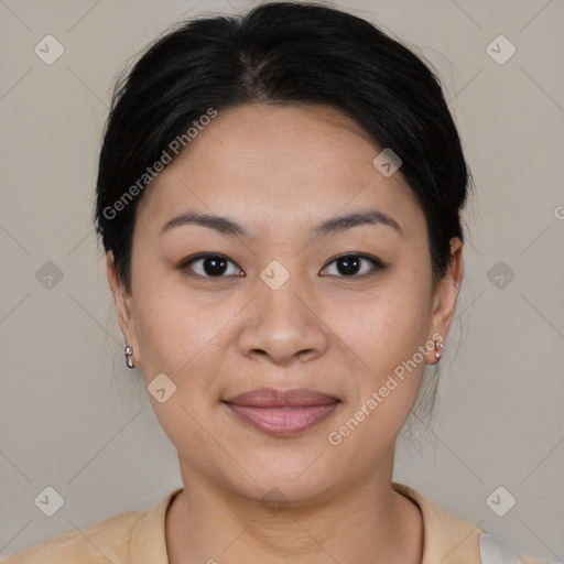 Joyful asian young-adult female with medium  brown hair and brown eyes