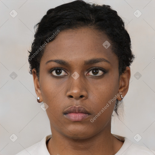 Neutral black young-adult female with short  black hair and brown eyes