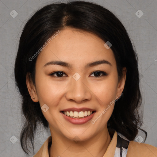 Joyful white young-adult female with medium  black hair and brown eyes