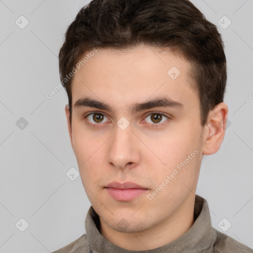 Neutral white young-adult male with short  brown hair and brown eyes