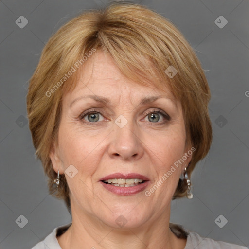 Joyful white adult female with medium  brown hair and grey eyes