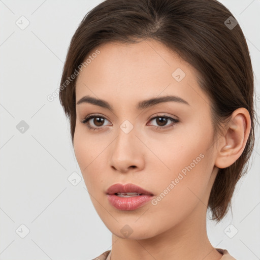 Neutral white young-adult female with medium  brown hair and brown eyes