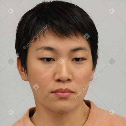 Neutral asian young-adult female with short  brown hair and brown eyes