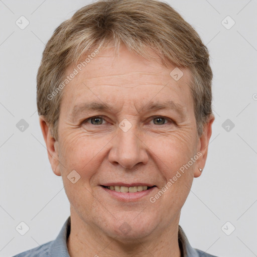 Joyful white middle-aged male with short  brown hair and brown eyes