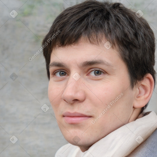 Neutral white young-adult male with short  brown hair and brown eyes