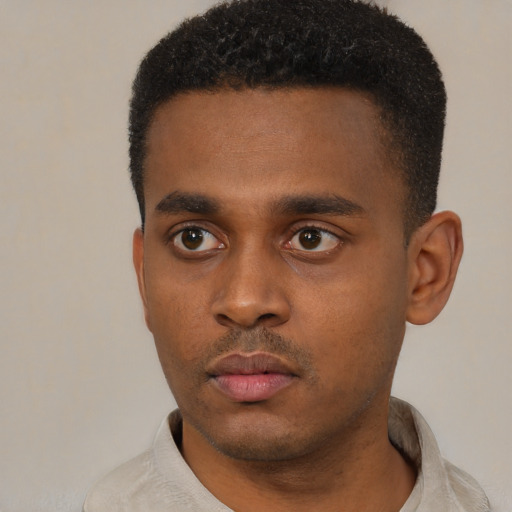 Neutral black young-adult male with short  black hair and brown eyes