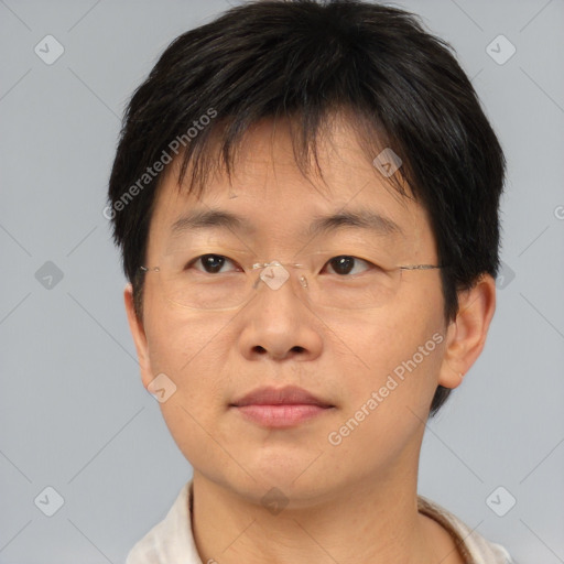 Neutral asian young-adult male with short  brown hair and brown eyes