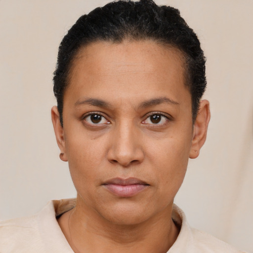 Neutral latino young-adult female with short  black hair and brown eyes