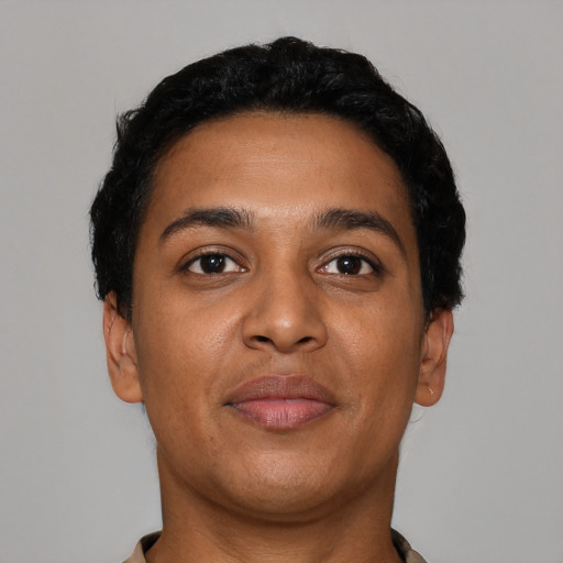 Neutral latino young-adult female with short  black hair and brown eyes