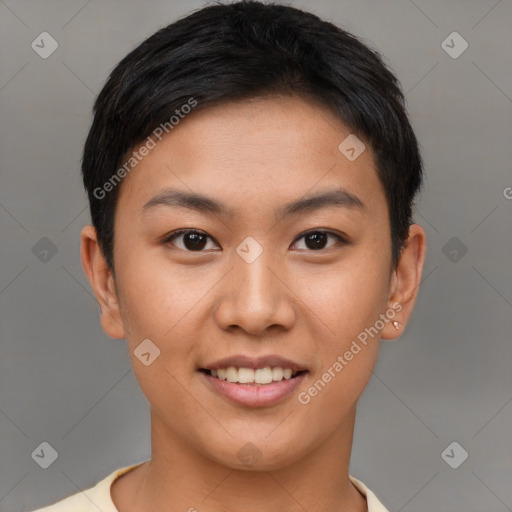 Joyful asian young-adult female with short  brown hair and brown eyes