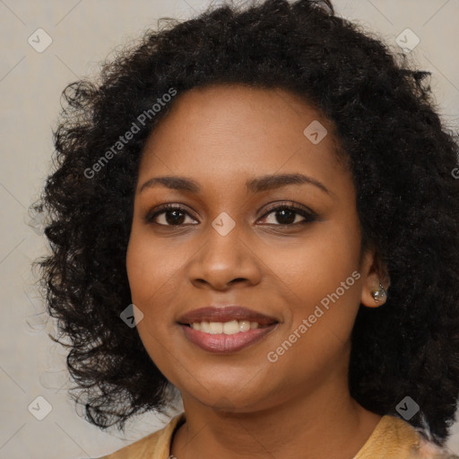 Joyful black young-adult female with medium  black hair and brown eyes