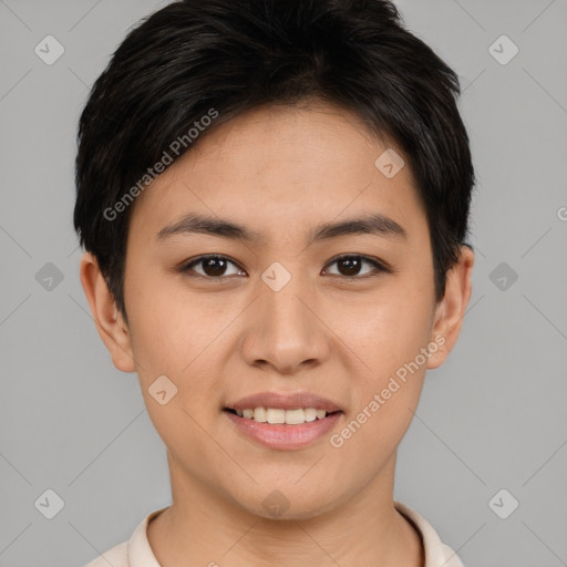 Joyful asian young-adult female with short  brown hair and brown eyes