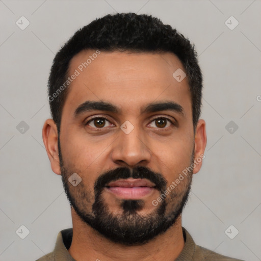 Neutral latino young-adult male with short  black hair and brown eyes
