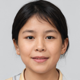 Joyful white child female with medium  brown hair and brown eyes