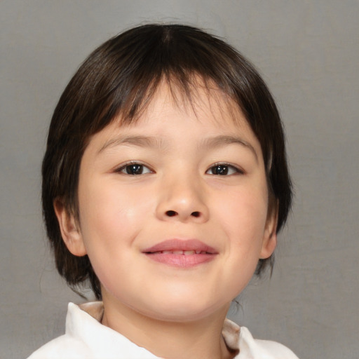 Joyful white child female with medium  brown hair and brown eyes