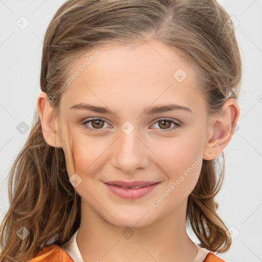 Joyful white child female with medium  brown hair and brown eyes