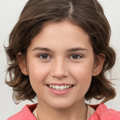 Joyful white child female with medium  brown hair and brown eyes