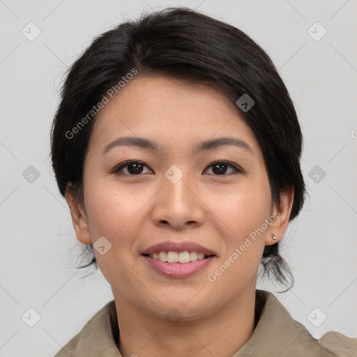 Joyful asian young-adult female with medium  black hair and brown eyes