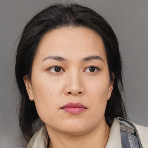 Neutral asian young-adult female with medium  brown hair and brown eyes