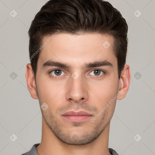 Neutral white young-adult male with short  brown hair and brown eyes