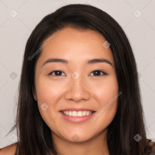 Joyful white young-adult female with long  brown hair and brown eyes