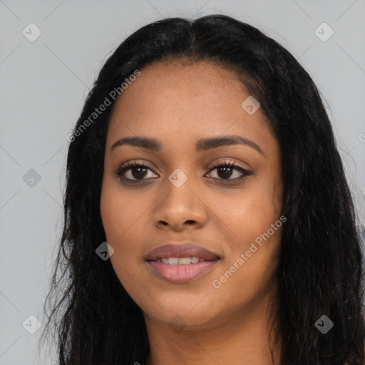 Joyful latino young-adult female with long  black hair and brown eyes