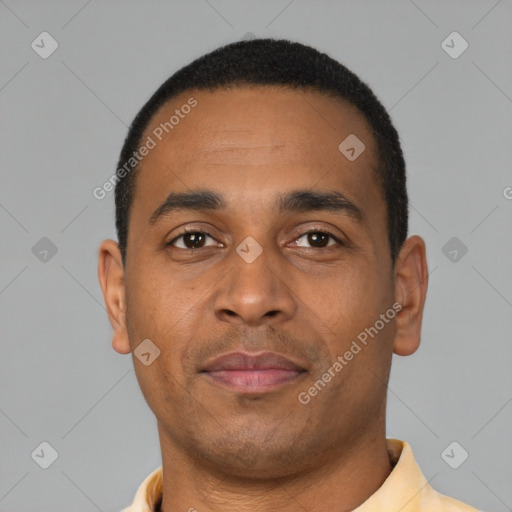 Neutral latino young-adult male with short  brown hair and brown eyes