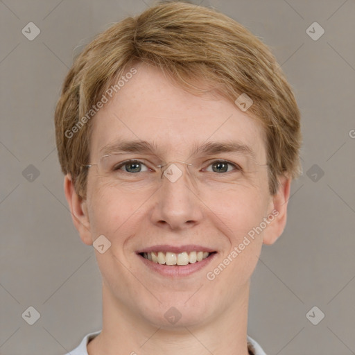 Joyful white adult male with short  brown hair and grey eyes