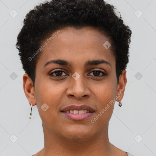 Joyful latino young-adult female with short  brown hair and brown eyes