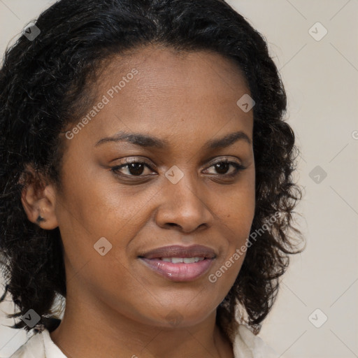 Joyful black young-adult female with medium  brown hair and brown eyes