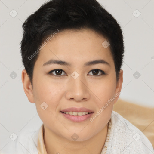 Joyful asian young-adult female with short  brown hair and brown eyes