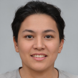 Joyful asian young-adult female with short  brown hair and brown eyes