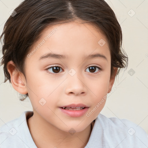 Joyful white child female with medium  brown hair and brown eyes